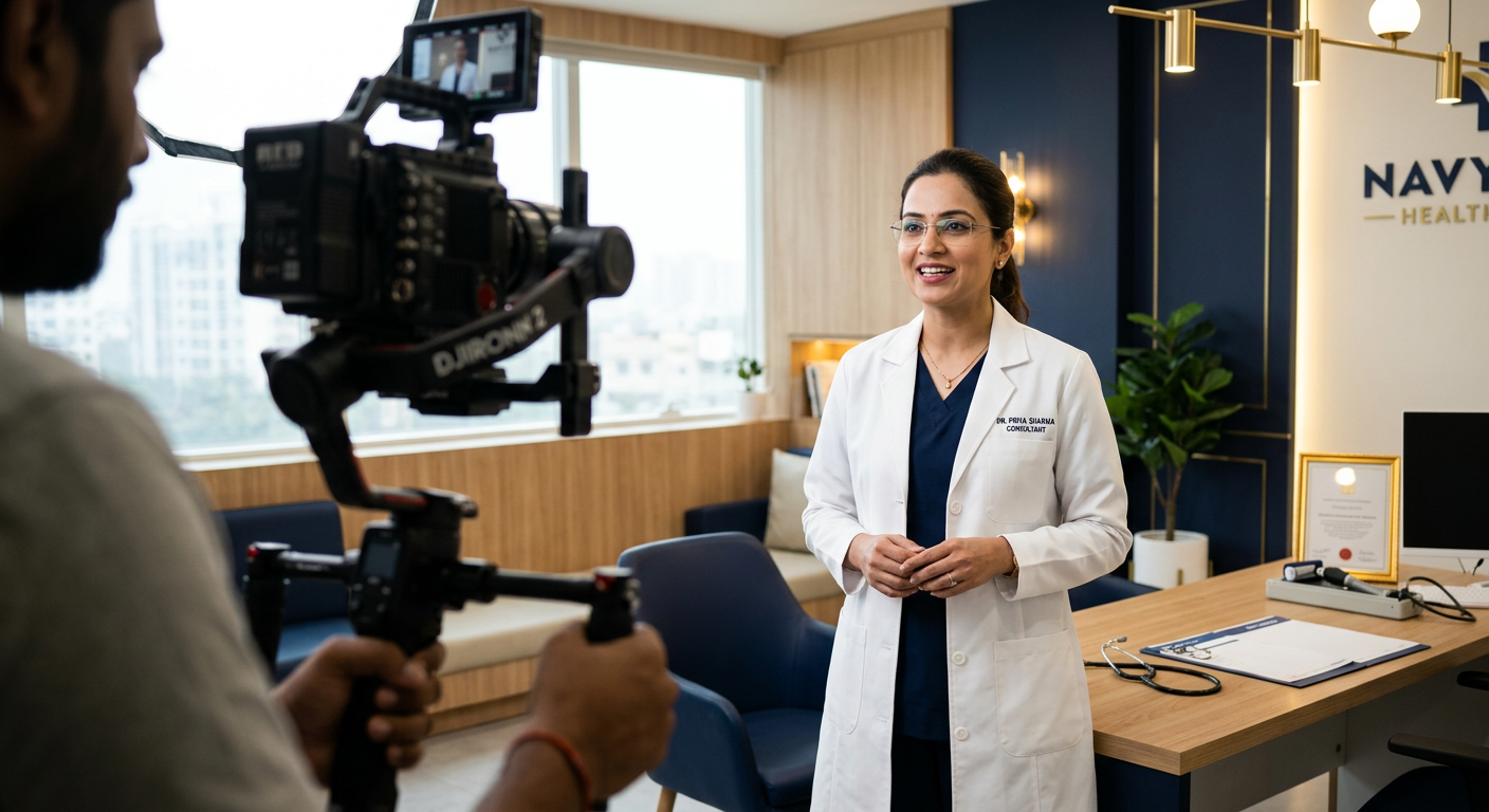 A doctor being filmed for an educational video inside a modern clinic
